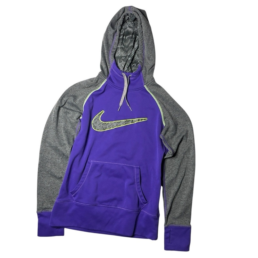 Nike Therma-FIT Hoodie Mens Small Purple Grey Swoosh Pullover Sweatshirt